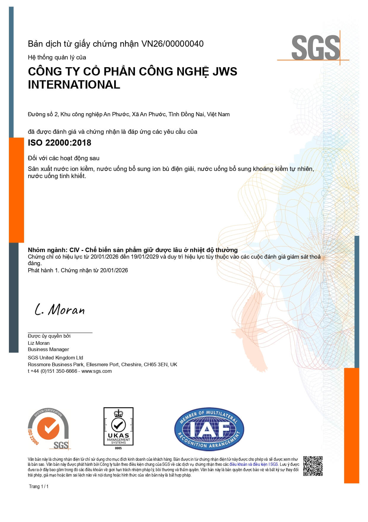 Digicert JWS ISO 22000 961626 Cat C4b UKAS 2026 VN page 0001